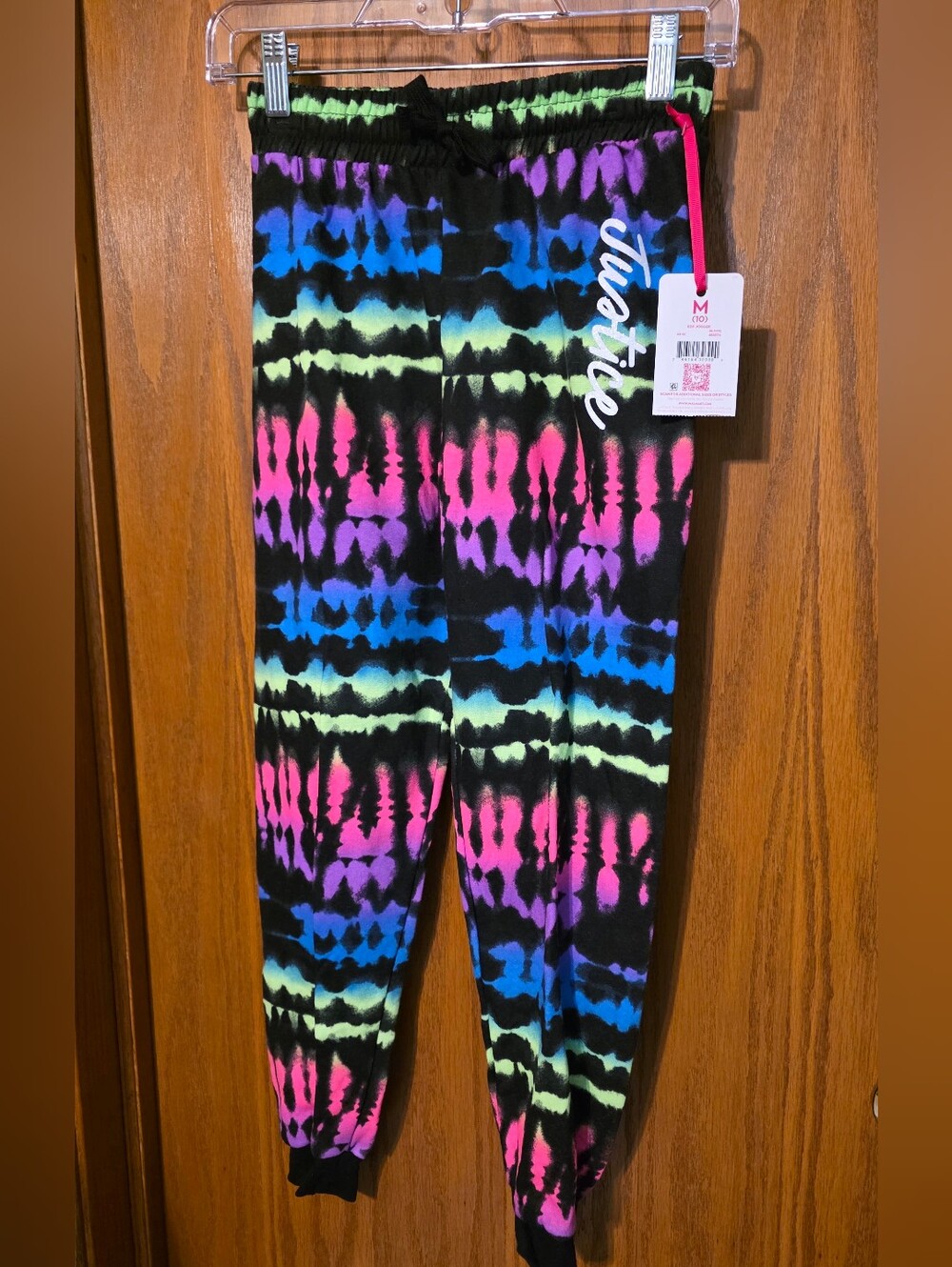 Justice Black Tie-Dye Joggers with Neon Pink, Blue, Purple & Lime